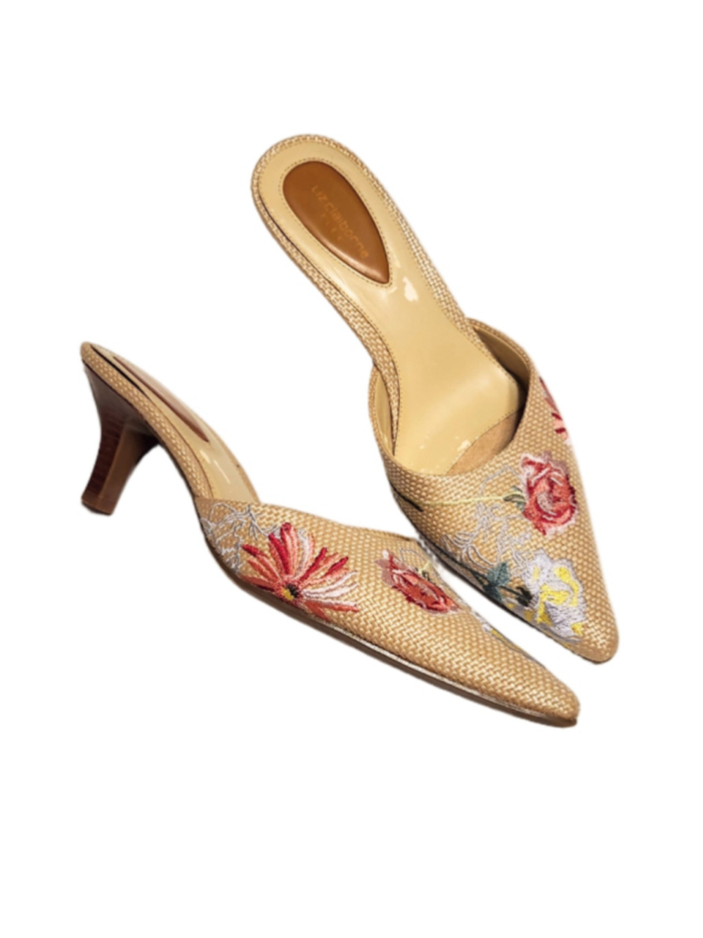 Liz Claiborne Lolita Floral Embroidered Beige Pointed Toe Kitten Heel Mules 9.5